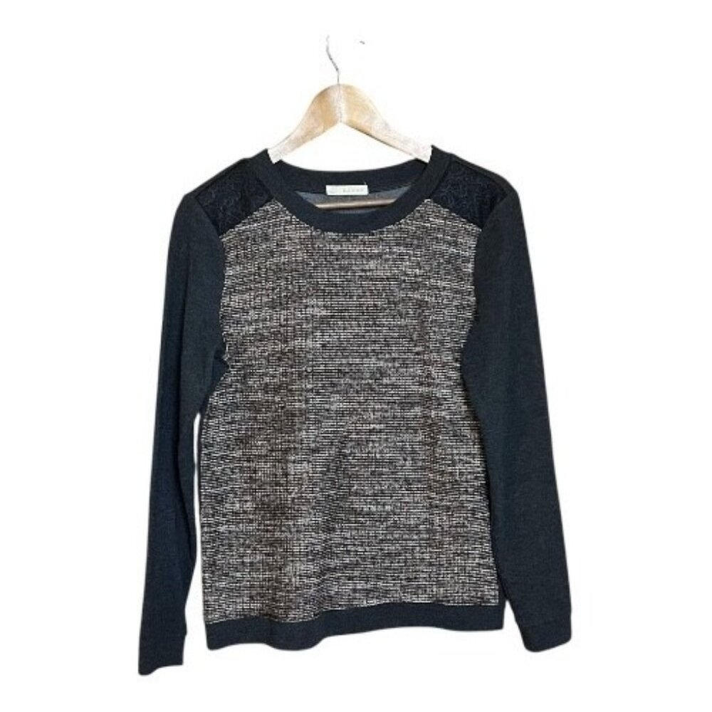 Hinge Women's Sweater S‎ Purple Tweed Panel Wool Blend Textured Crew Neck